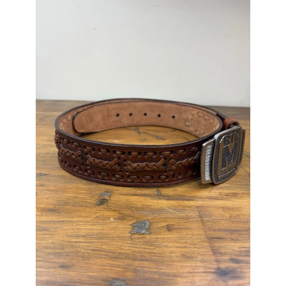 Vintage Big M Supermarkets Advertising Belt Buckle Size 34 Tooled Leather Belt